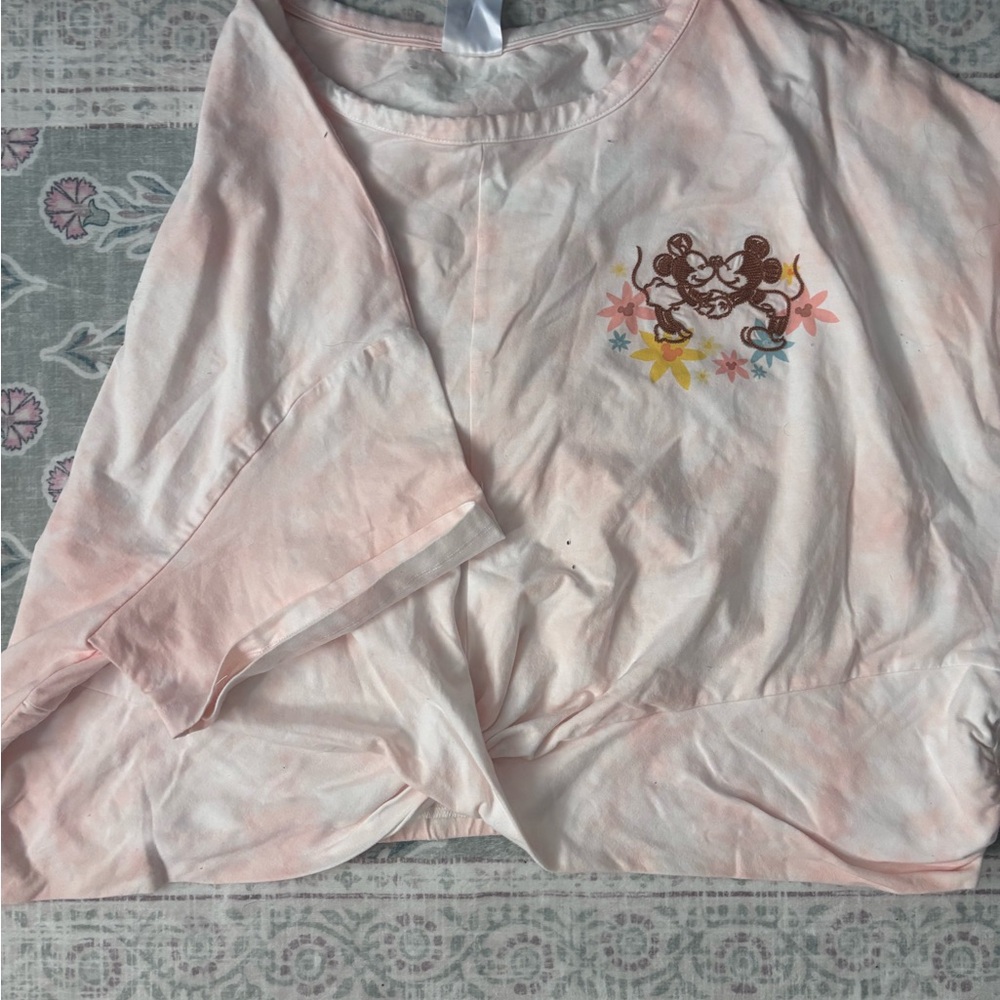 Disney Pink Tie Dye Graphic Cropped Tee with Floral Design